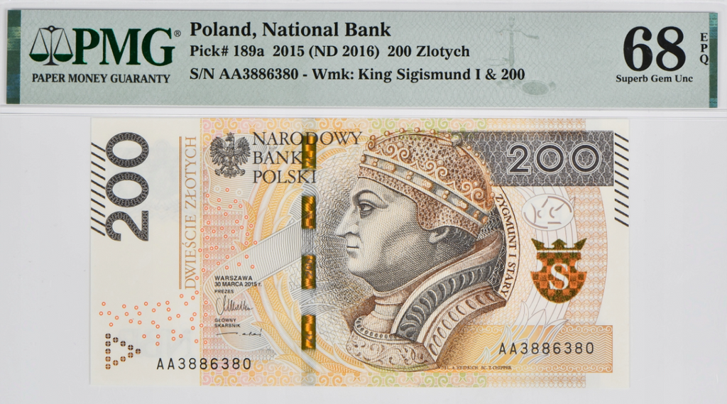 200 złotych z 2015 roku - seria AA - PMG 68 EPQ