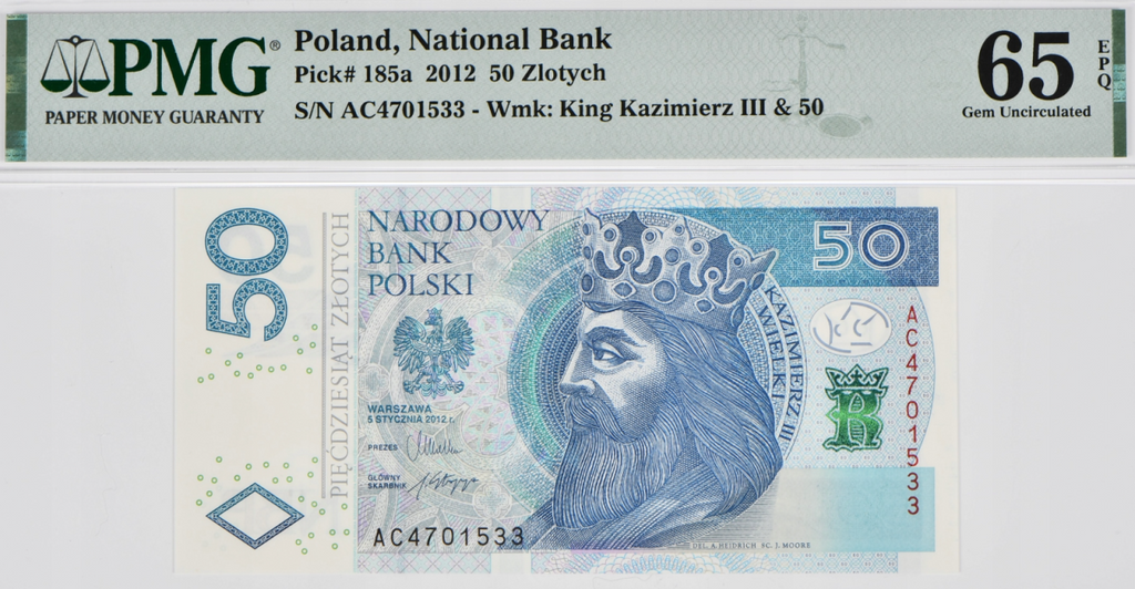 50 złotych z 2012 roku - seria AC - PMG 65 EPQ