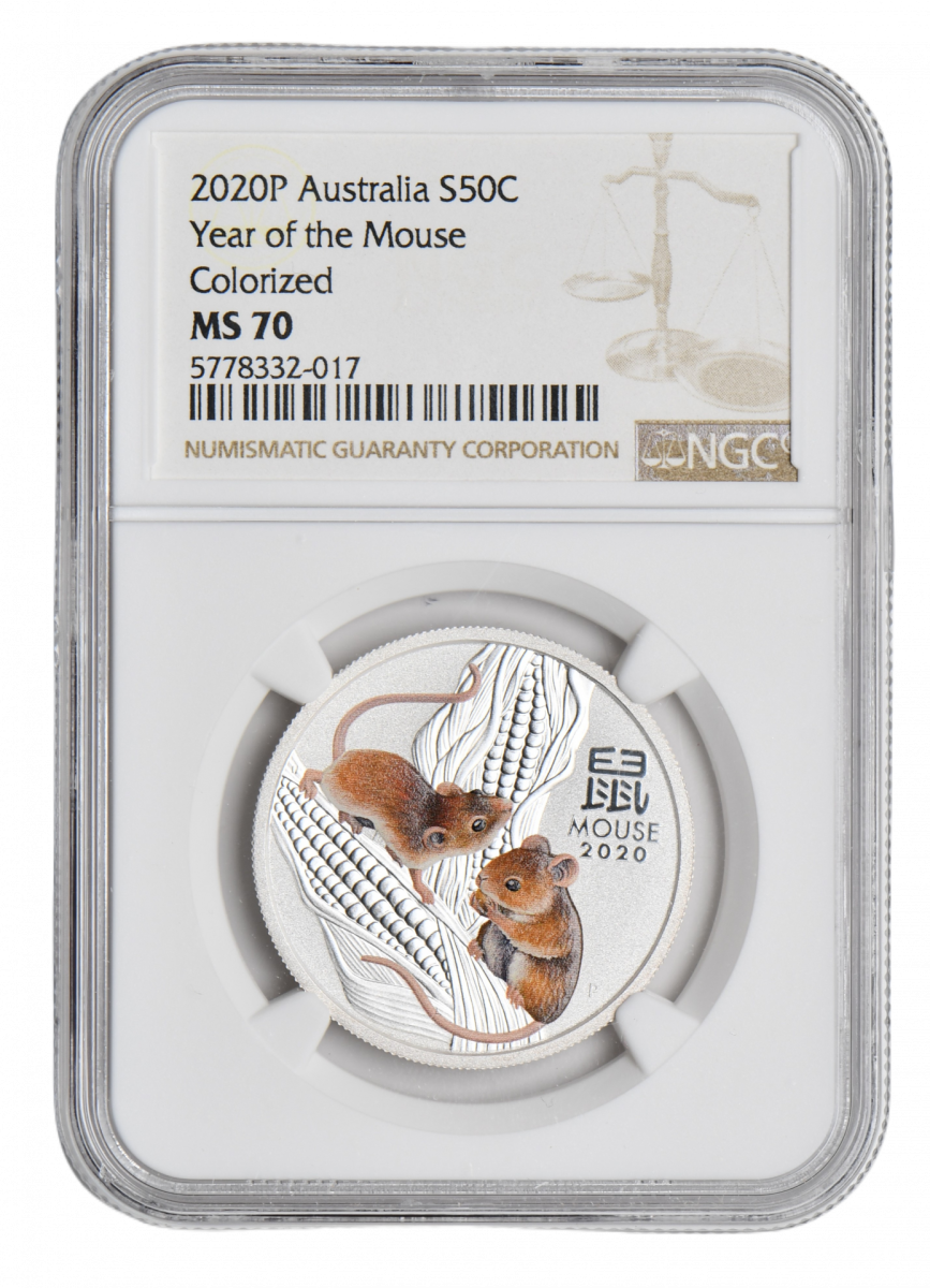 1/2 oz Ag - Australia Lunar - Rok Myszy 2020 - kolor - NGC MS70