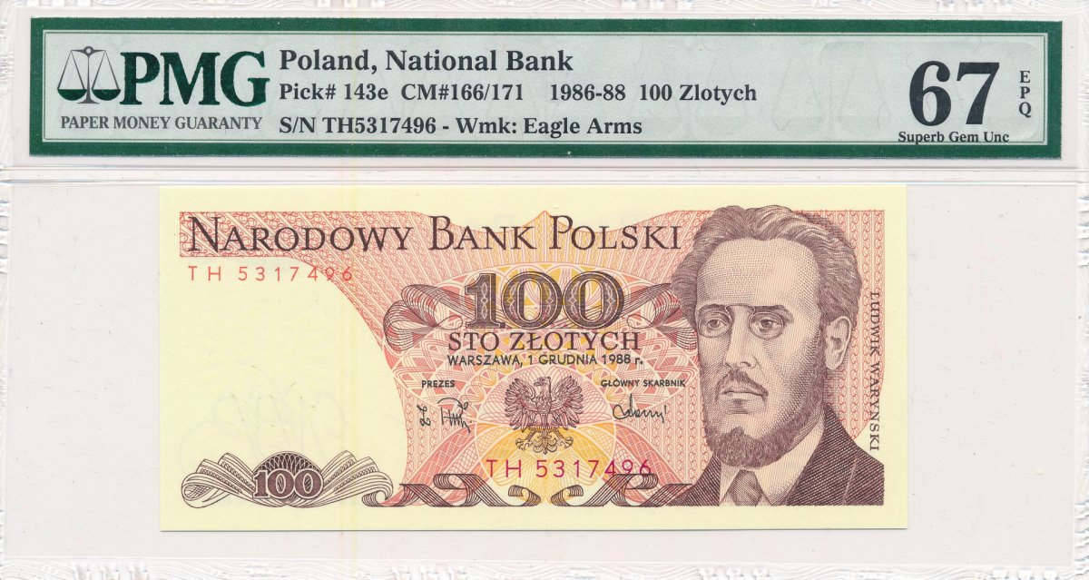 100 zł 1988 rok - seria TH - PMG 67 EPQ